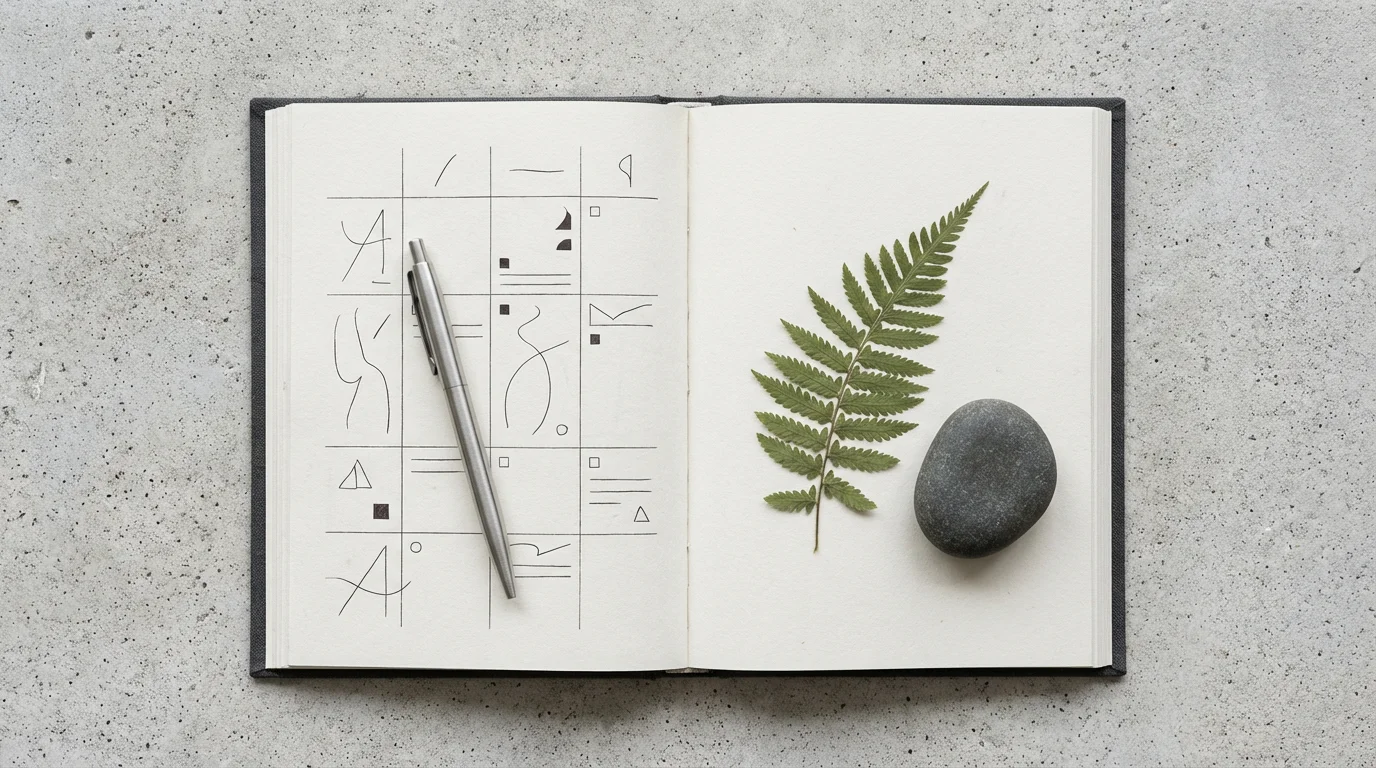 Flat lay of open journal balancing work schedule lines with a calming stone and leaf.