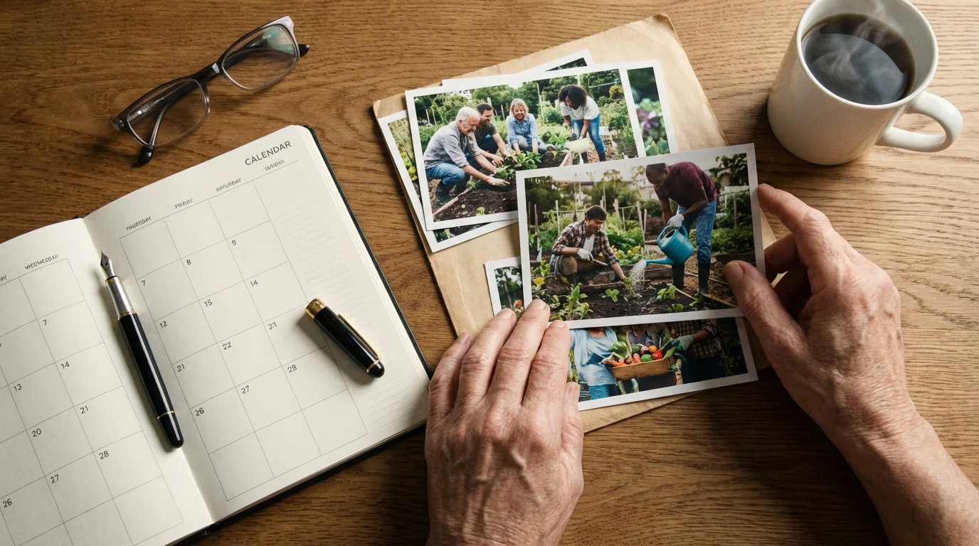 Flat lay of senior hands arranging photos of volunteering on a wooden desk.