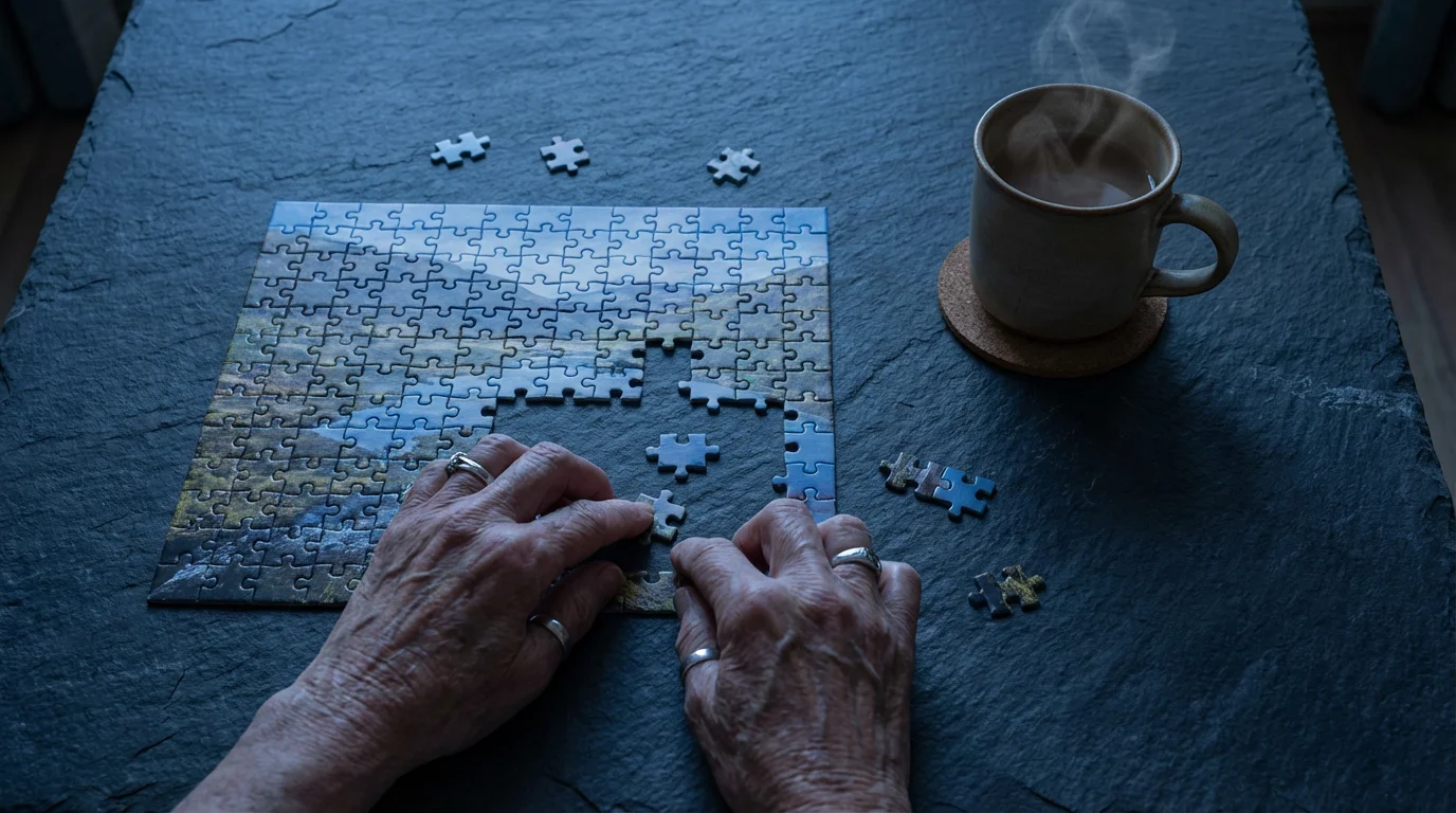 Flat lay of senior hands completing a jigsaw puzzle on a table at dusk.