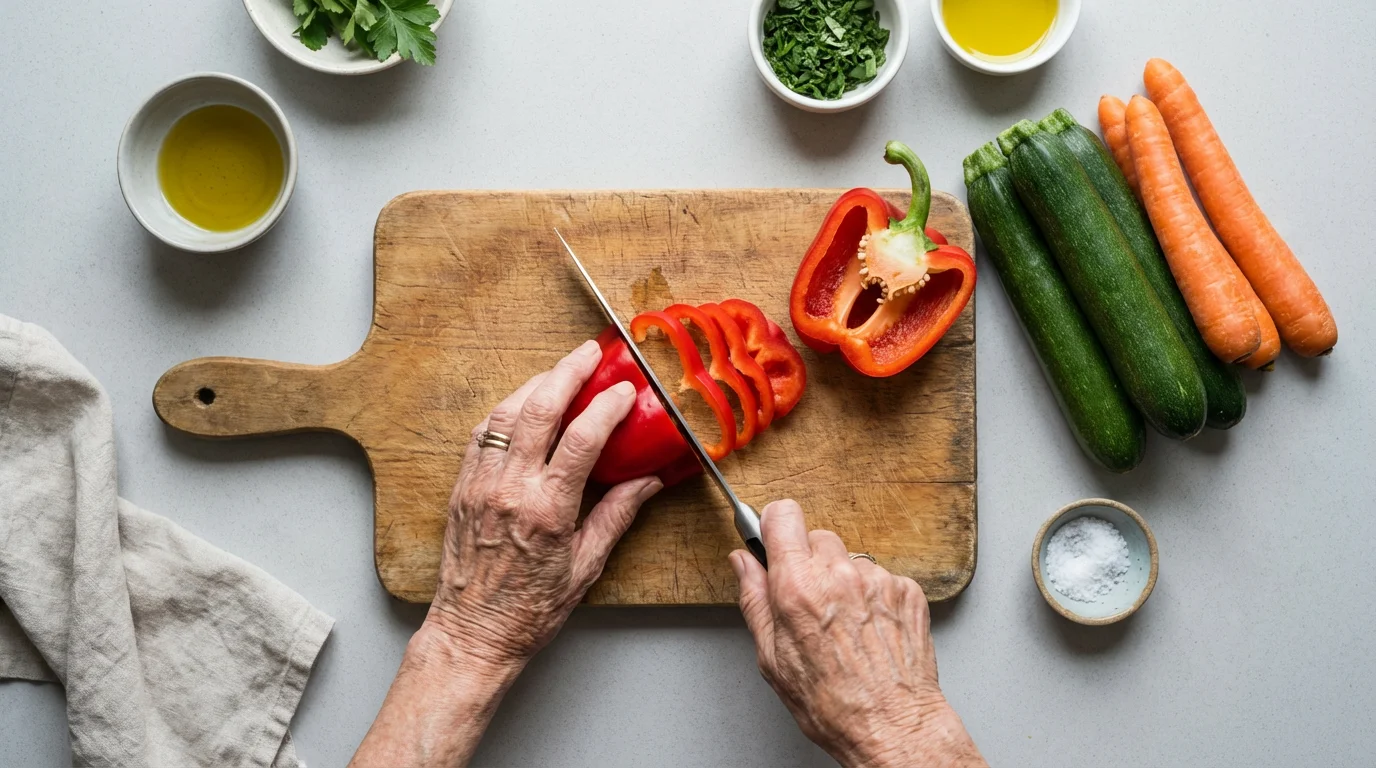 Flat lay of senior hands mindfully chopping colorful fresh vegetables on a wooden board.