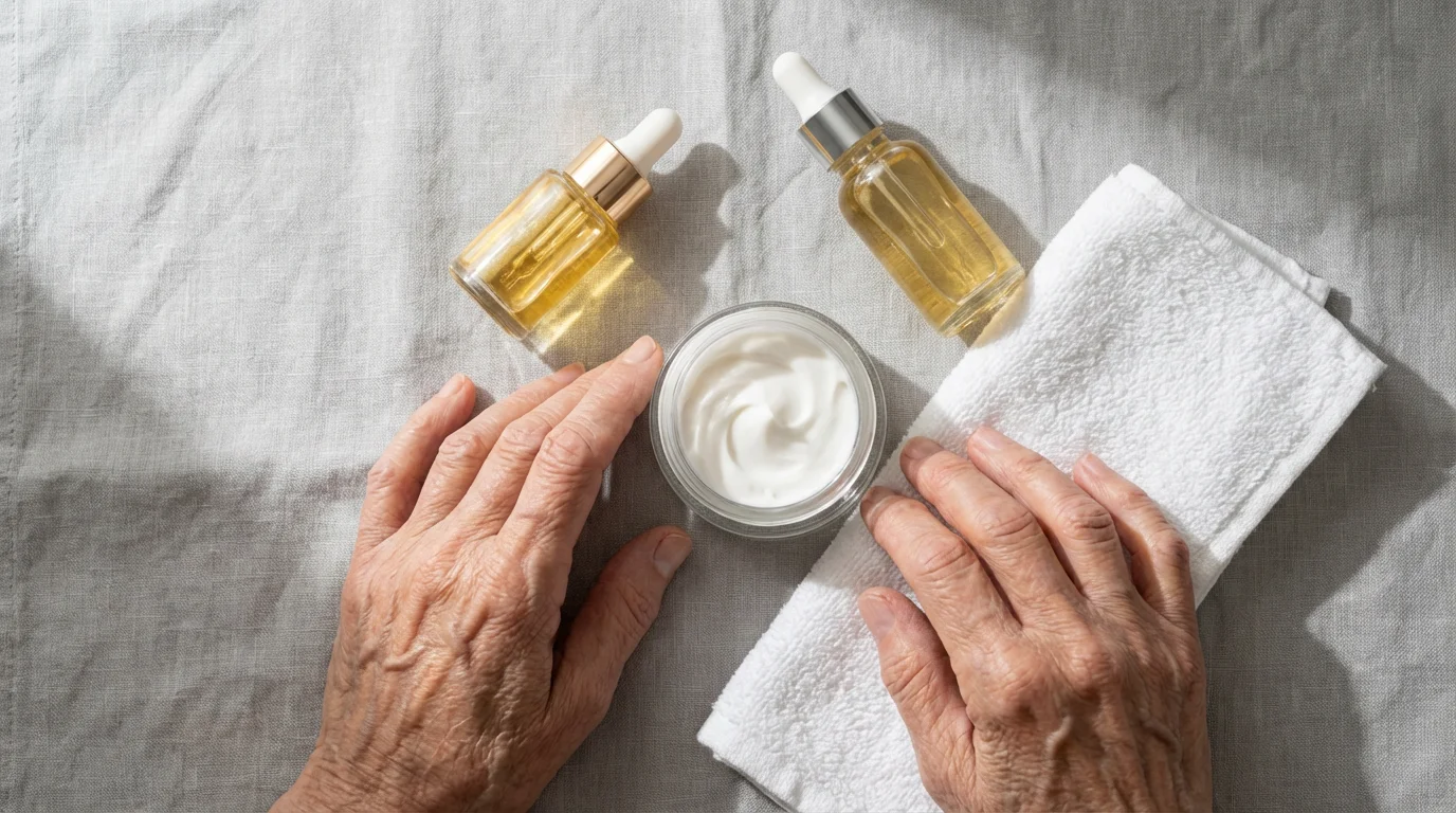 Flat lay of senior skincare products with an elderly person's hands on linen.