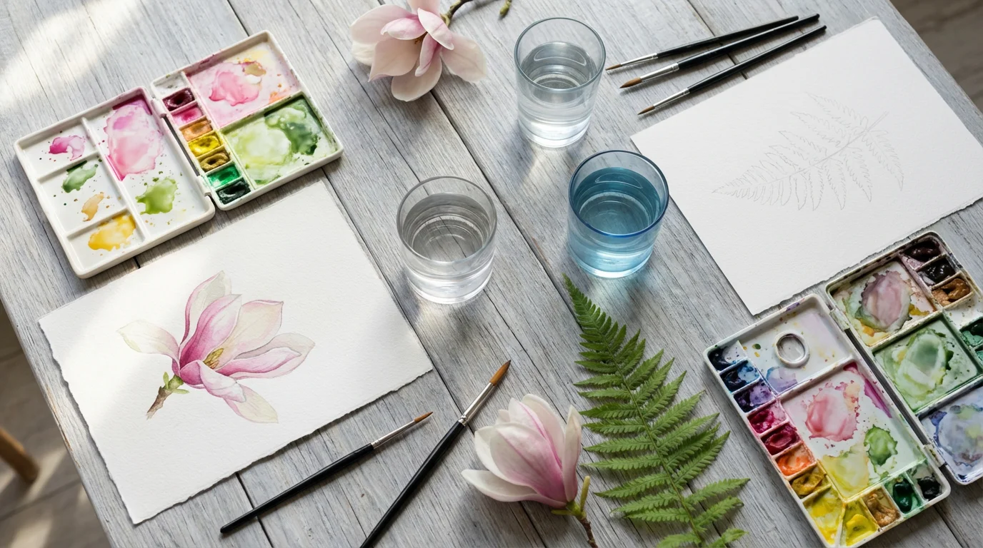 Flat lay of watercolor painting supplies for a shared botanical art class.