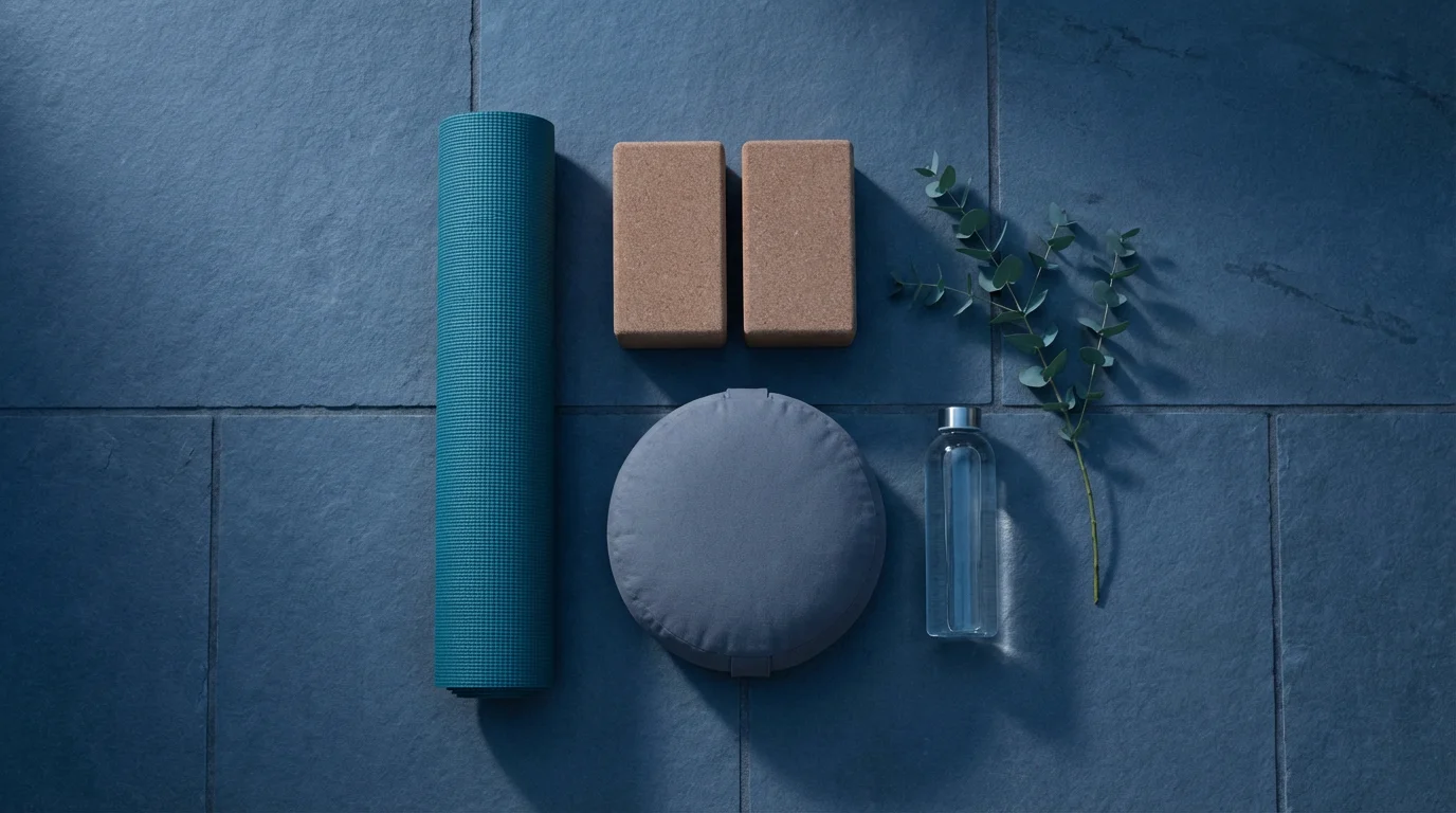 Flat lay of yoga mat, blocks, and water bottle on a stone patio at twilight.