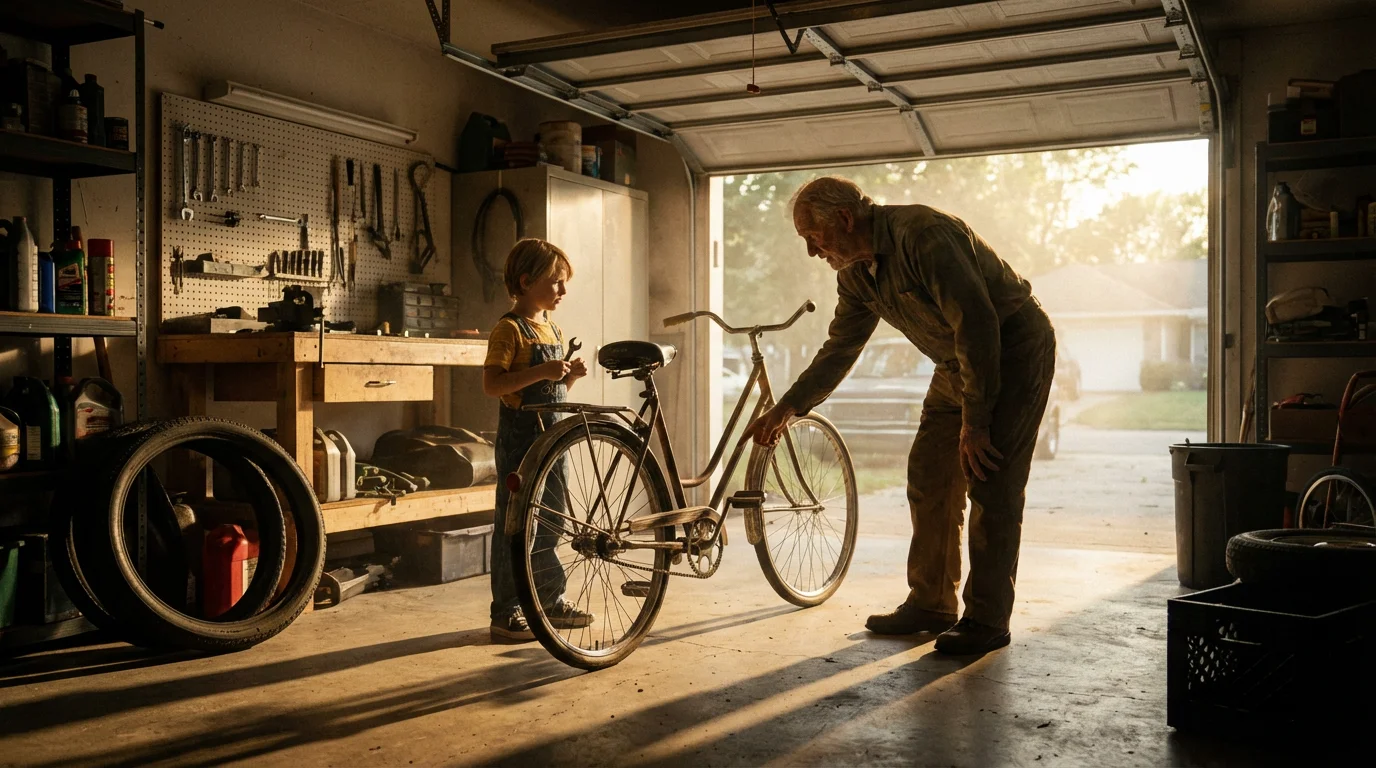 Grandfather and grandchild repairing a bicycle together in a sunlit garage.