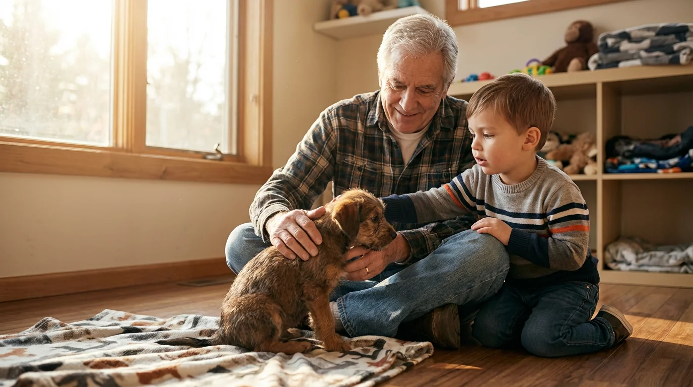 Grandfather and grandson petting a puppy together in a sunlit animal shelter adoption room.