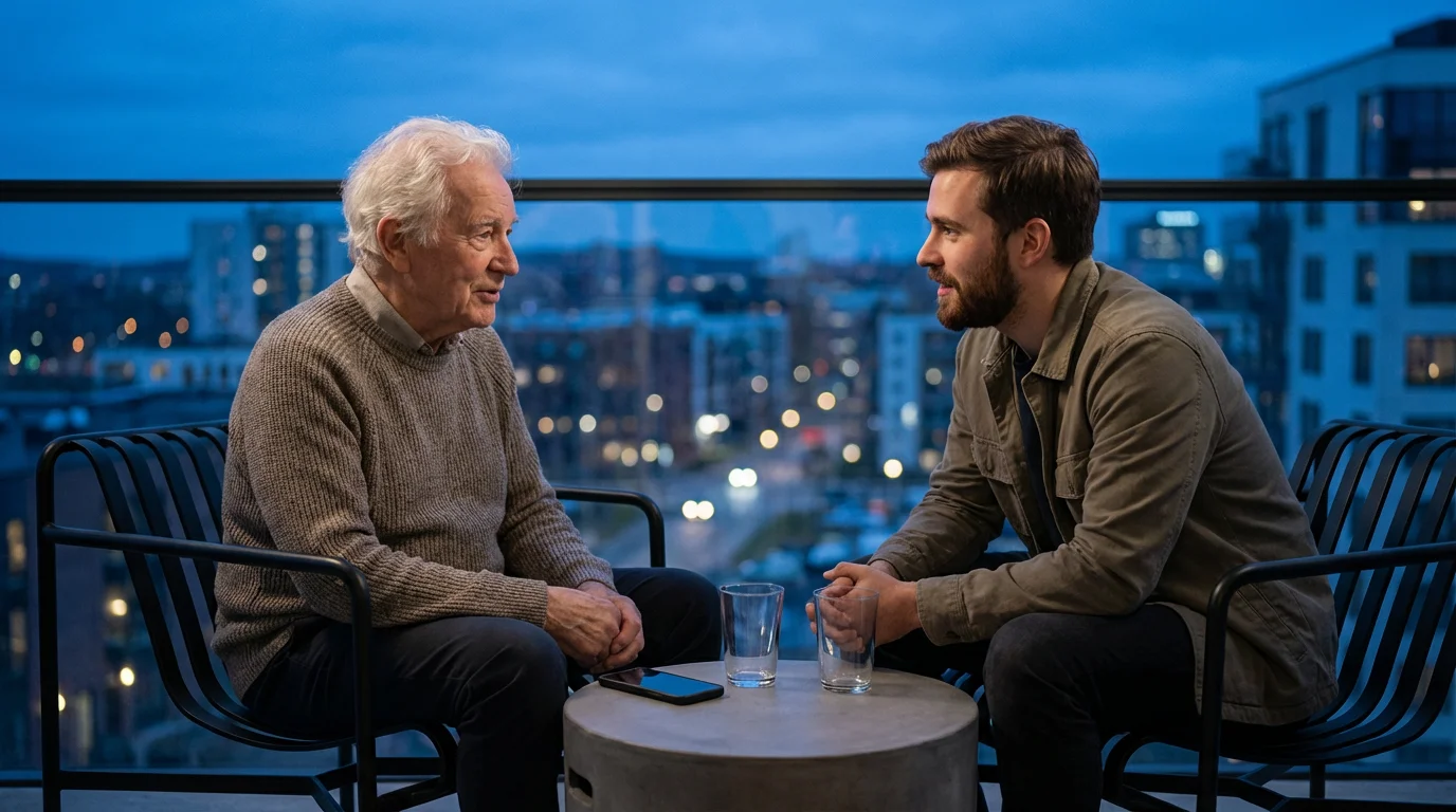 Grandfather and grandson talking intently on a modern city balcony during blue hour.