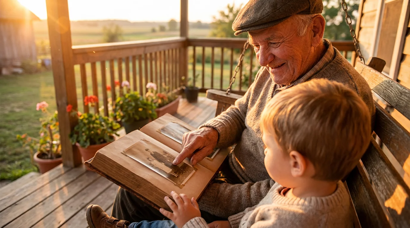 Grandfather showing his young grandchild an old family photo album on a porch swing.