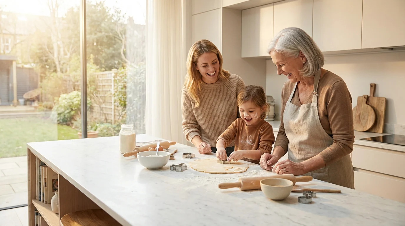 Grandmother, mother, and child baking cookies together in a sunlit modern kitchen.