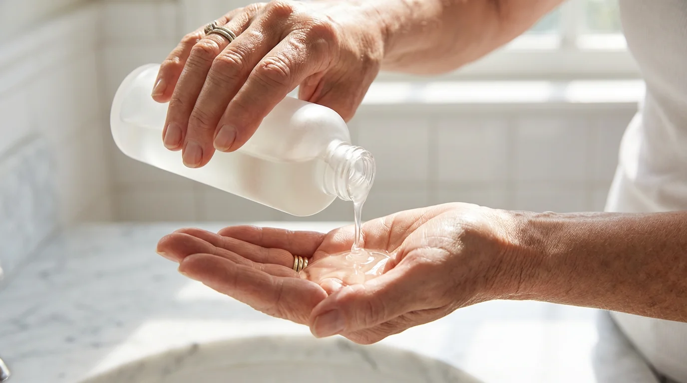 Hand pouring hydrating essence from a minimalist glass bottle into a cupped palm.