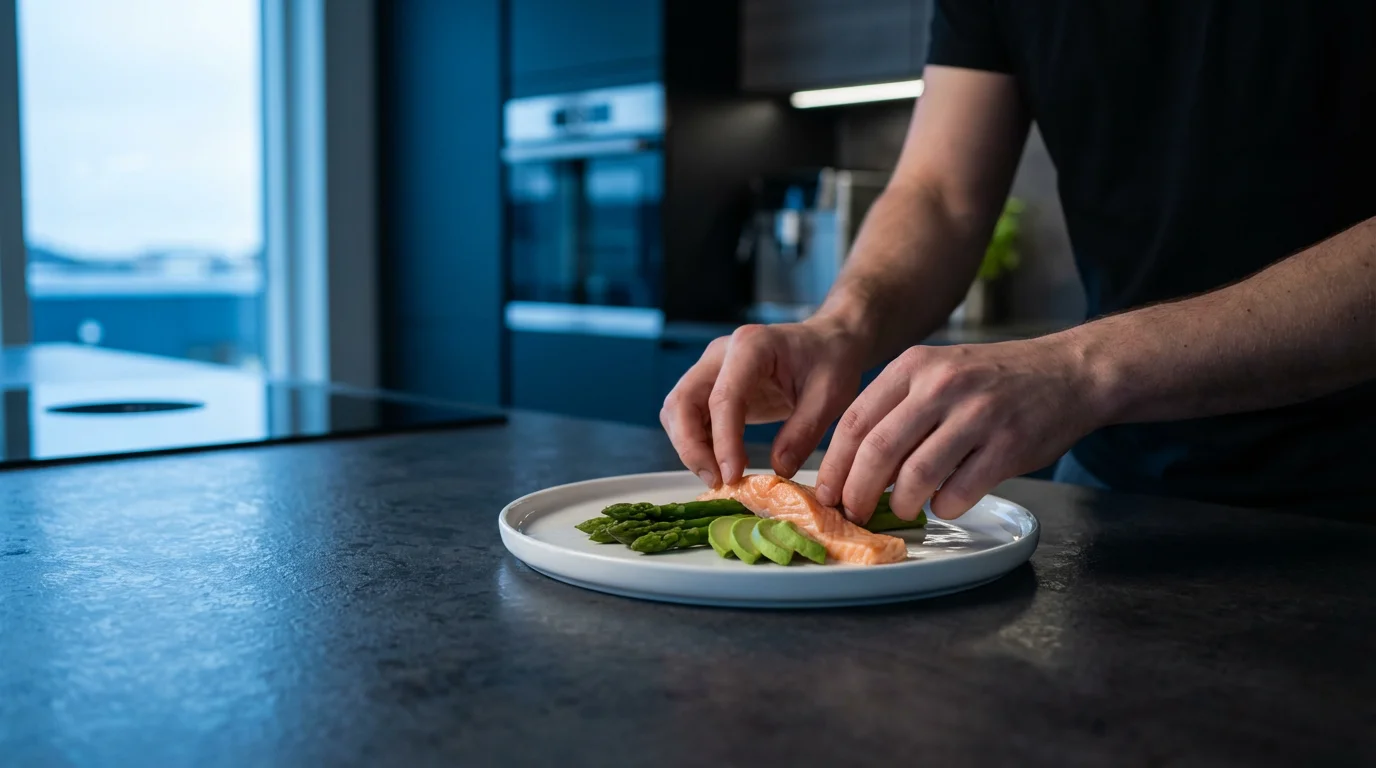 Hands arranging a healthy meal of salmon and avocado on a plate during evening.