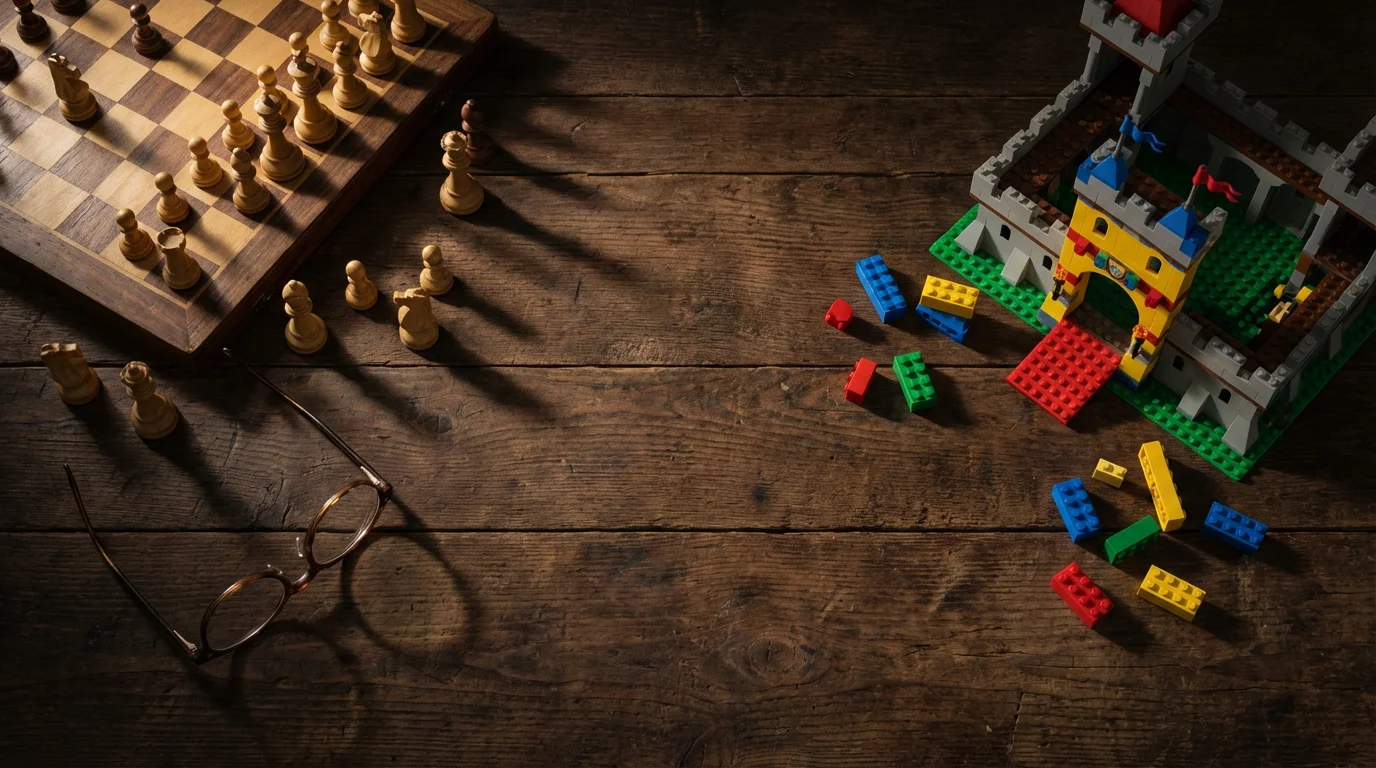 High angle flat lay of a chess game and Lego bricks on a table.