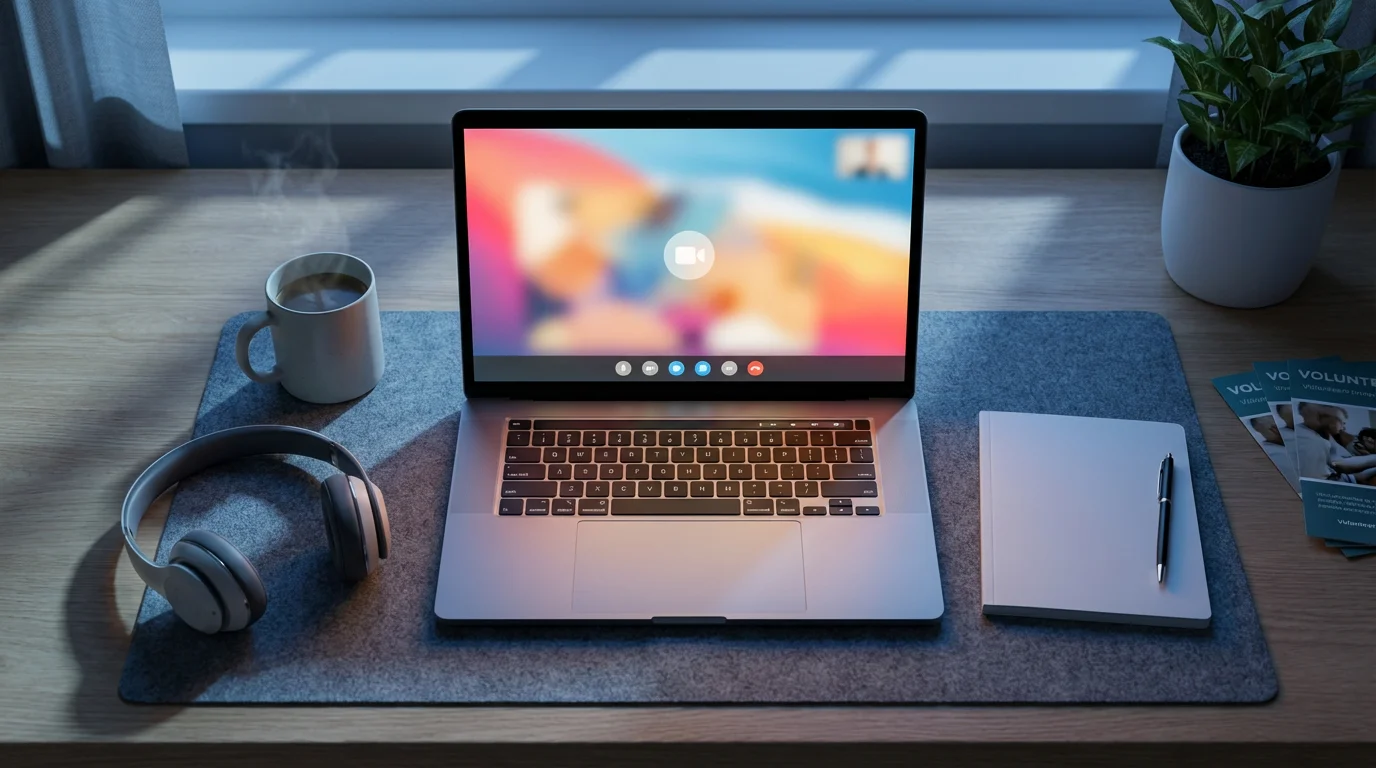 High angle flat lay of a desk with a laptop, headset, and notebook.