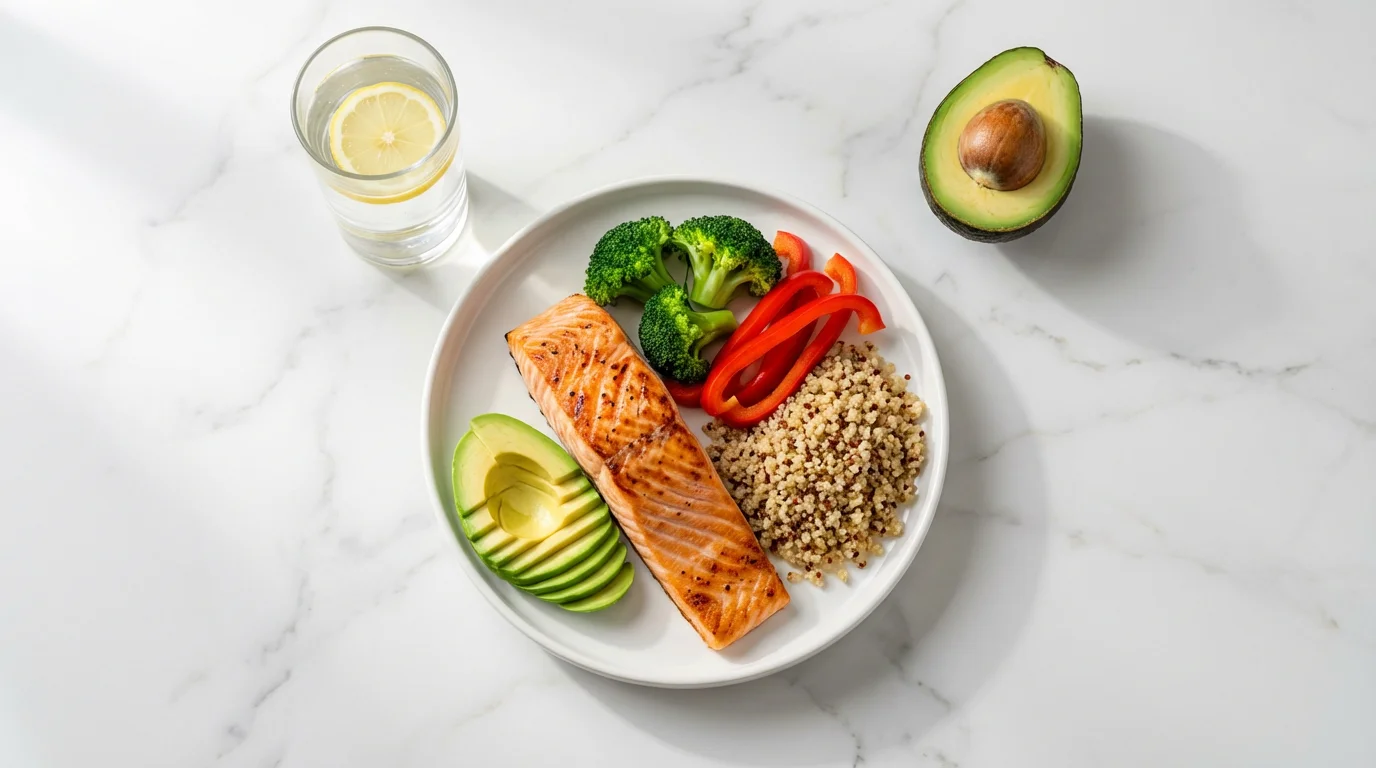 High angle flat lay of a healthy meal with grilled salmon, quinoa, and vegetables.