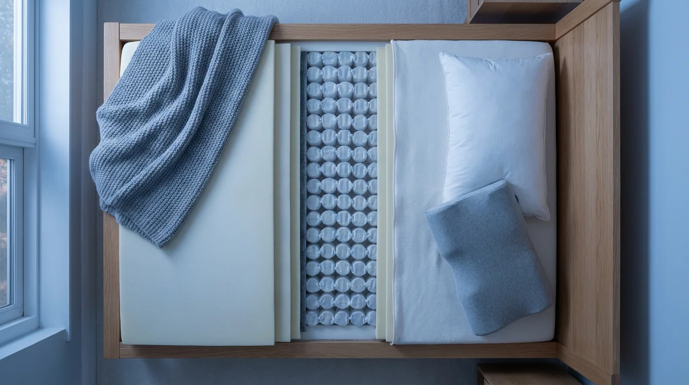 High-angle flat lay of a mattress cross-section and different types of pillows.
