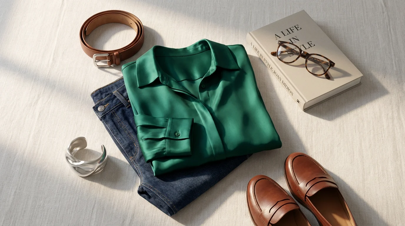 High angle flat lay of a stylish woman's clothing, accessories, and book.
