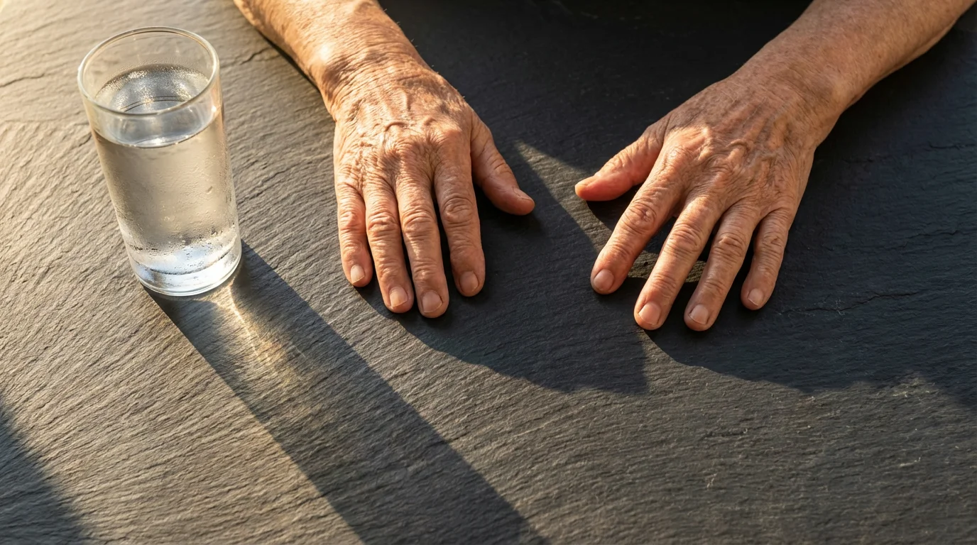 High-angle flat lay of an elderly person's dry hands beside a full glass of water.