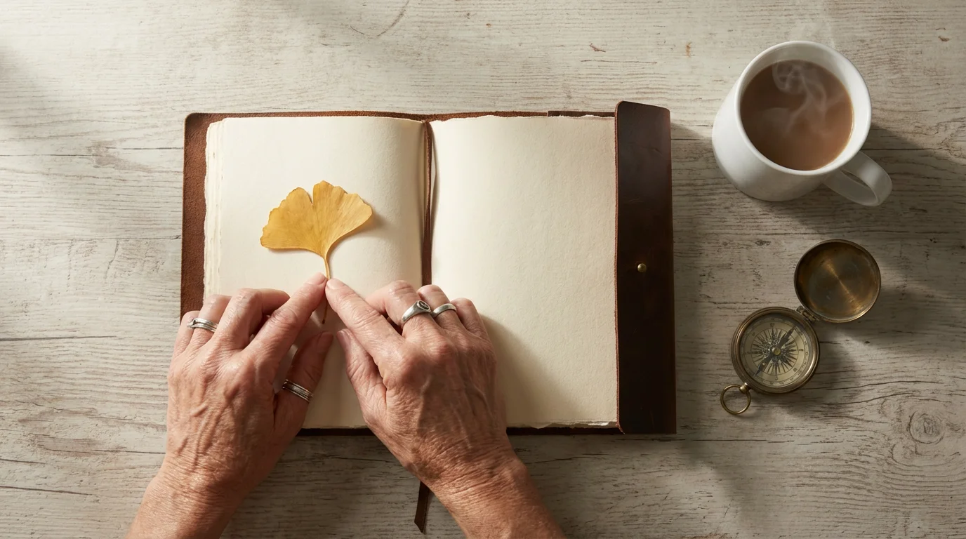 High angle flat lay of an older woman's hands arranging a journal and compass.