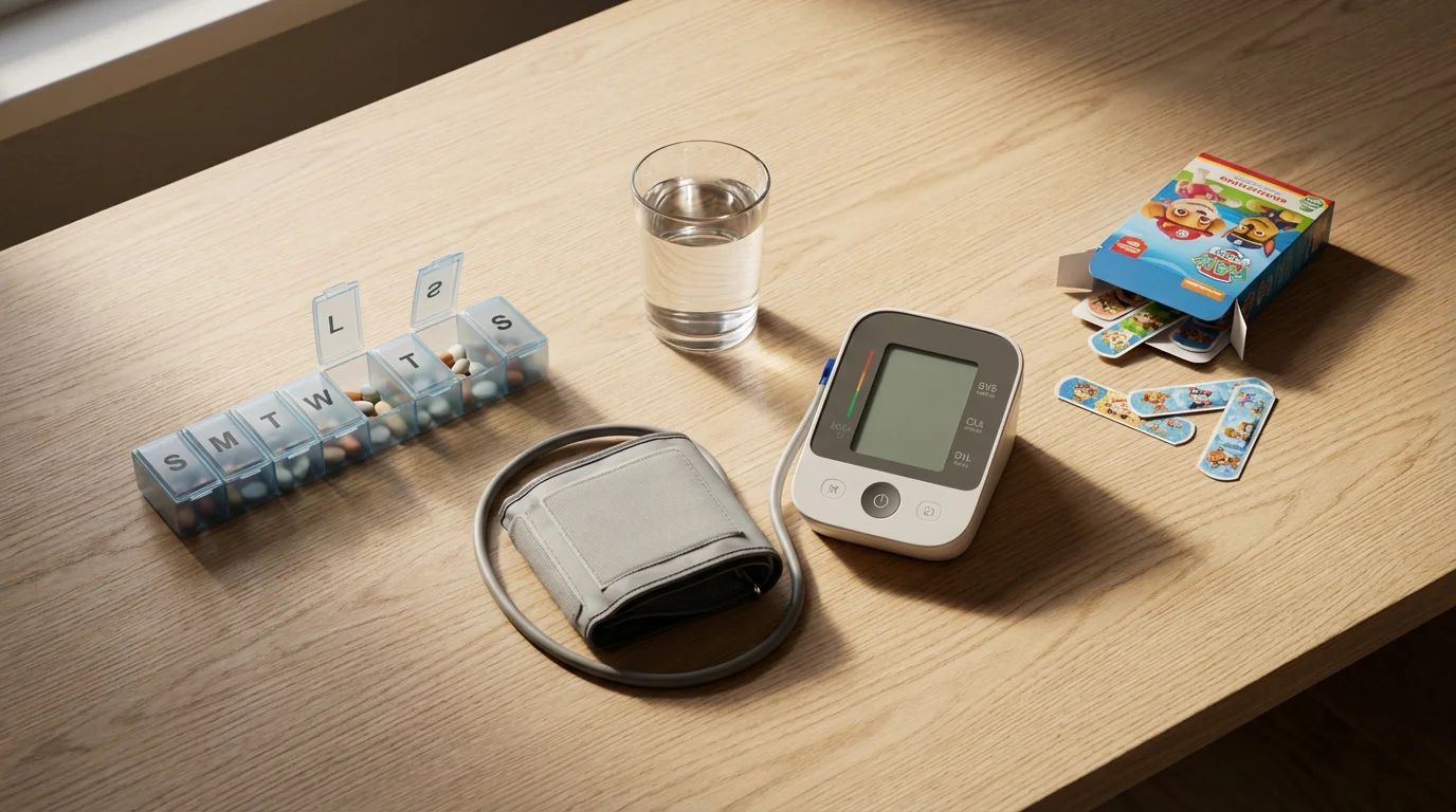 High angle flat lay of generational health items: pill organizer, blood pressure cuff, children's bandages.
