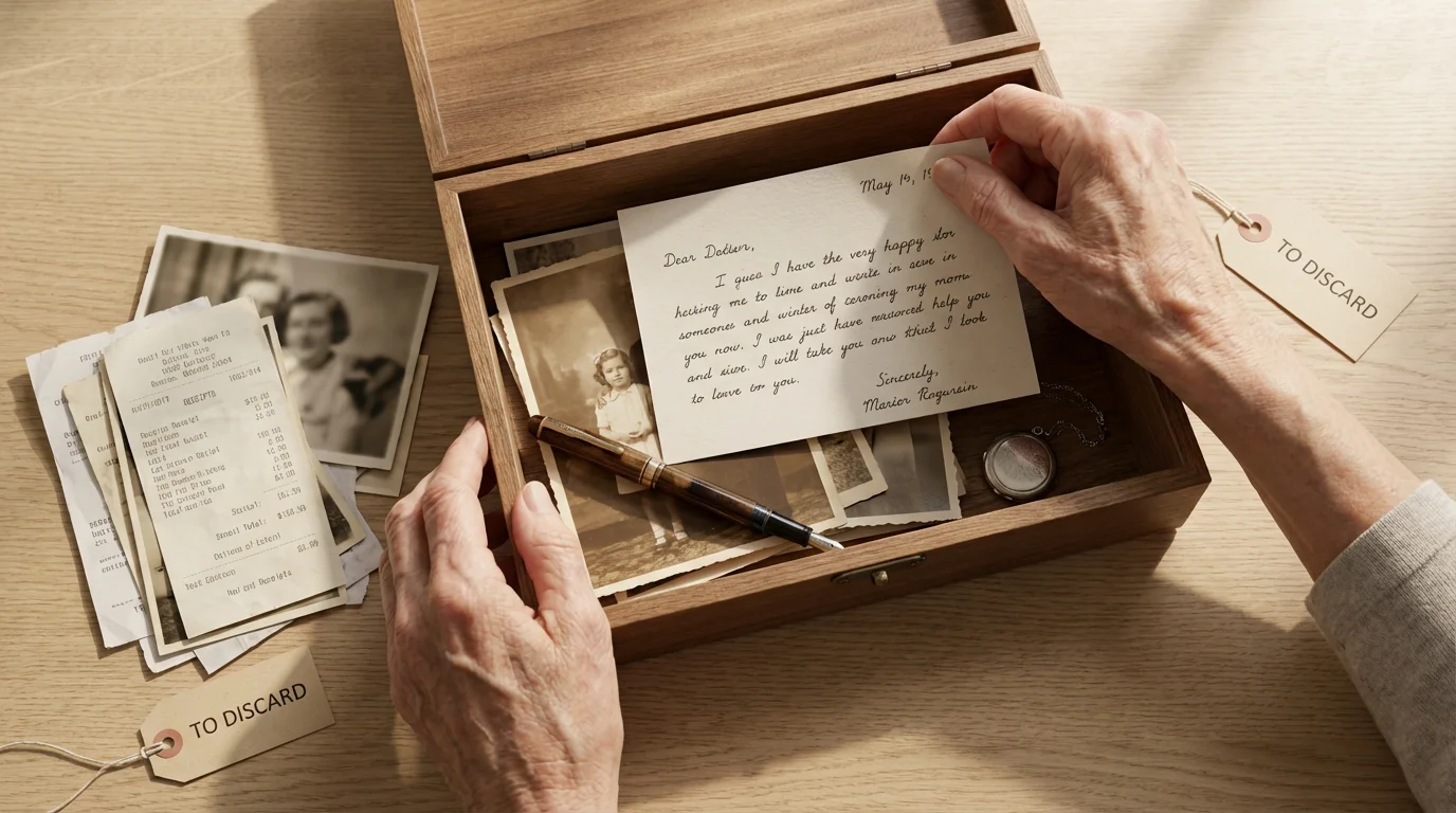 High angle flat lay of senior hands curating memories in a wooden keepsake box.