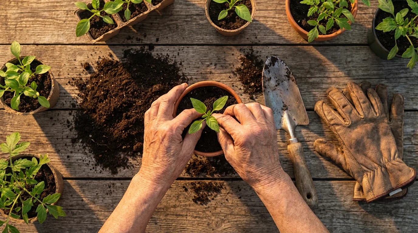 High angle flat lay of senior's hands potting a small green plant during golden hour.