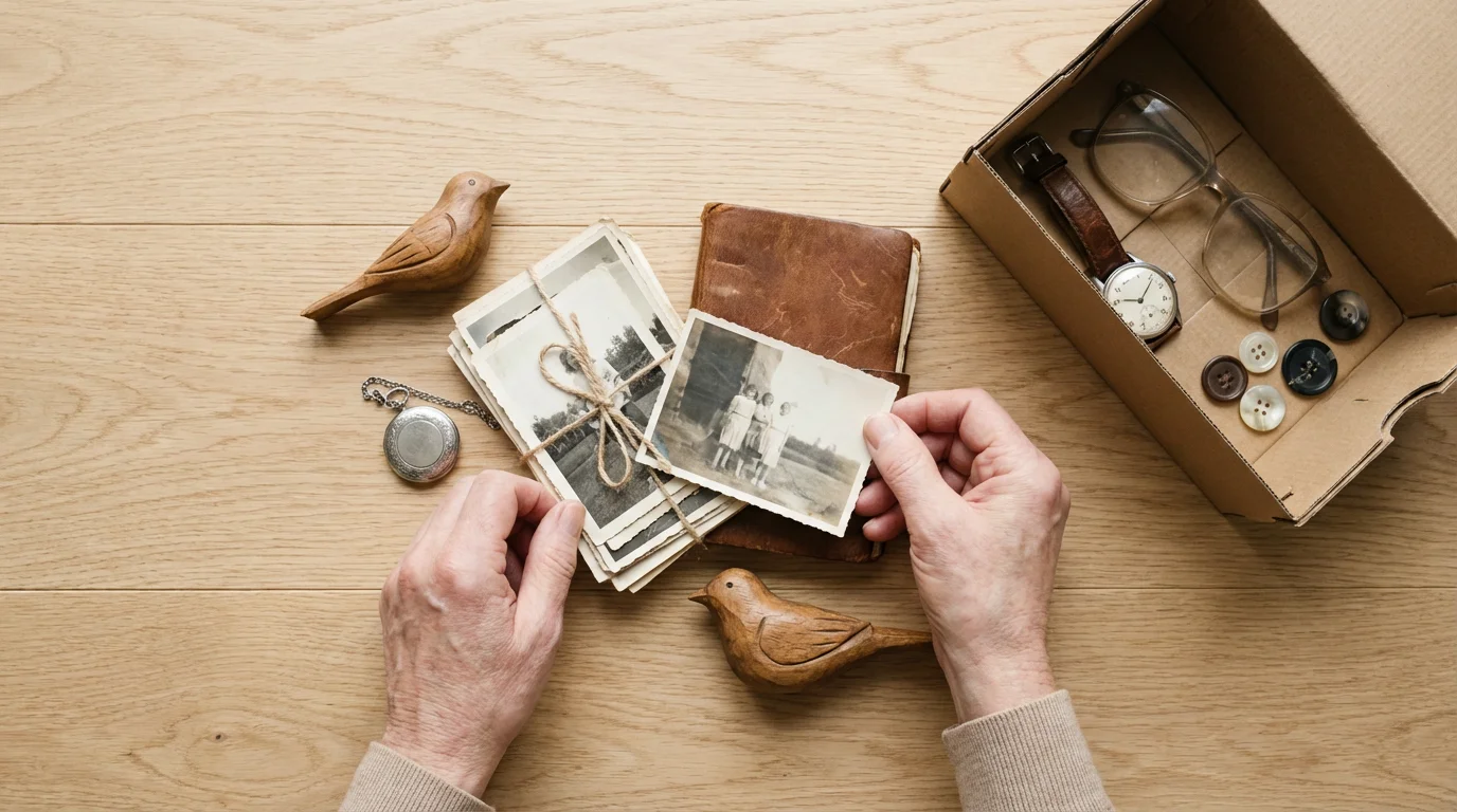 High angle photo of a person sorting through nostalgic keepsakes while decluttering their home.