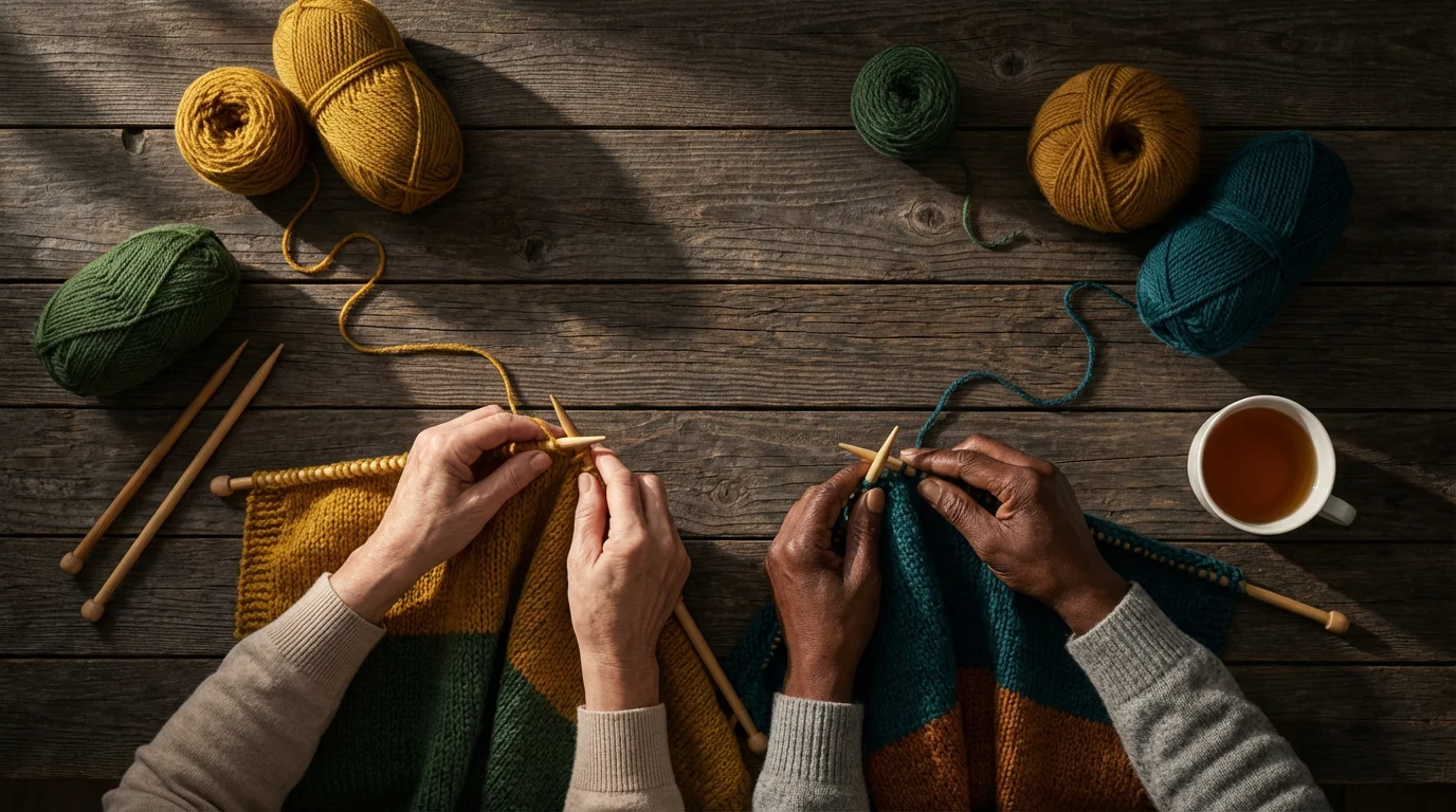 High-angle photo of two seniors' hands knitting a colorful blanket on a wooden table.