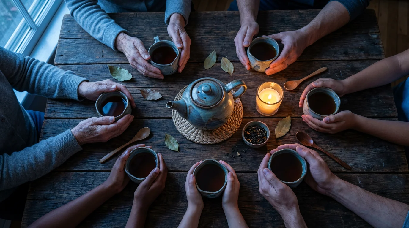 High angle view of diverse hands and teacups arranged around a central teapot.