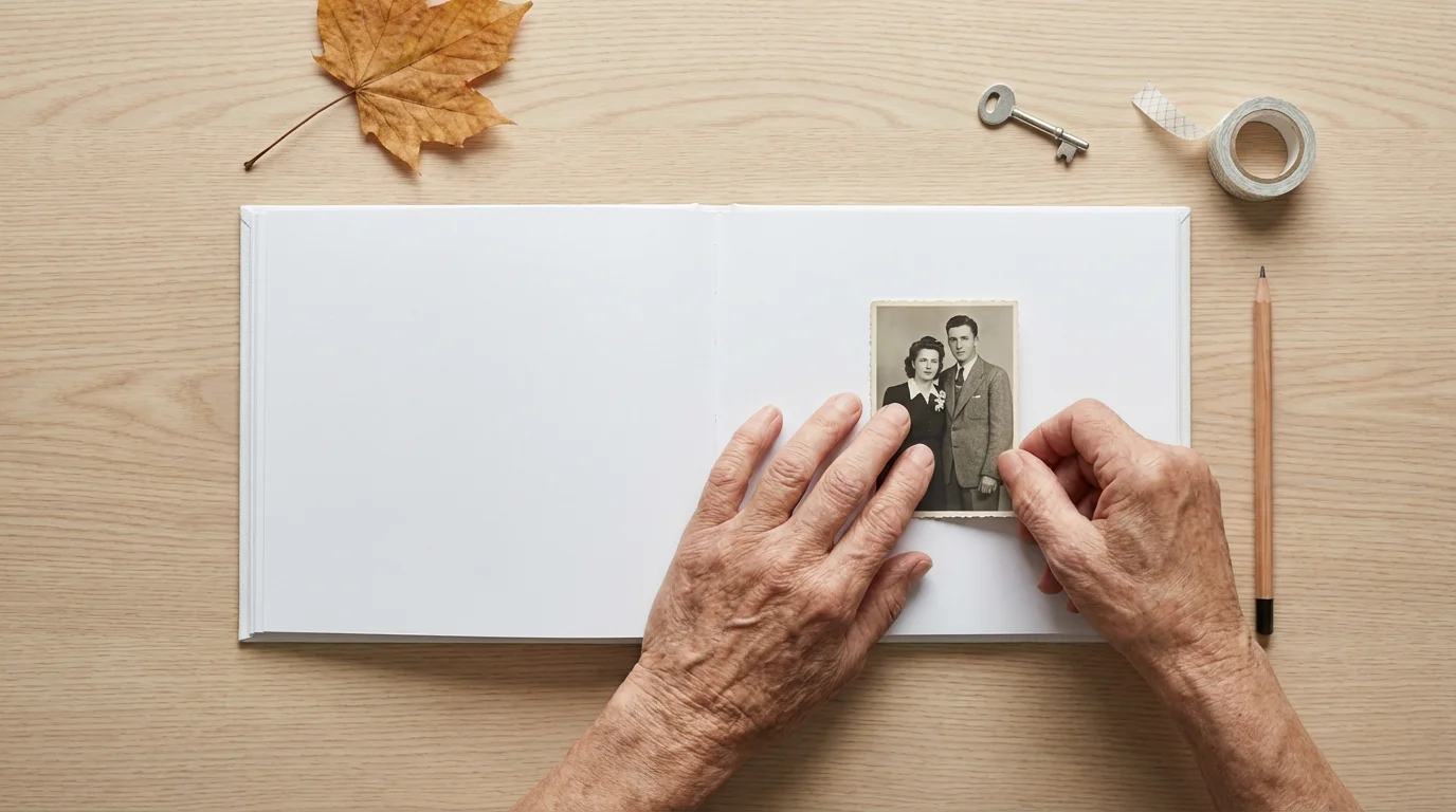 High angle view of hands arranging old photos and mementos in a modern scrapbook.