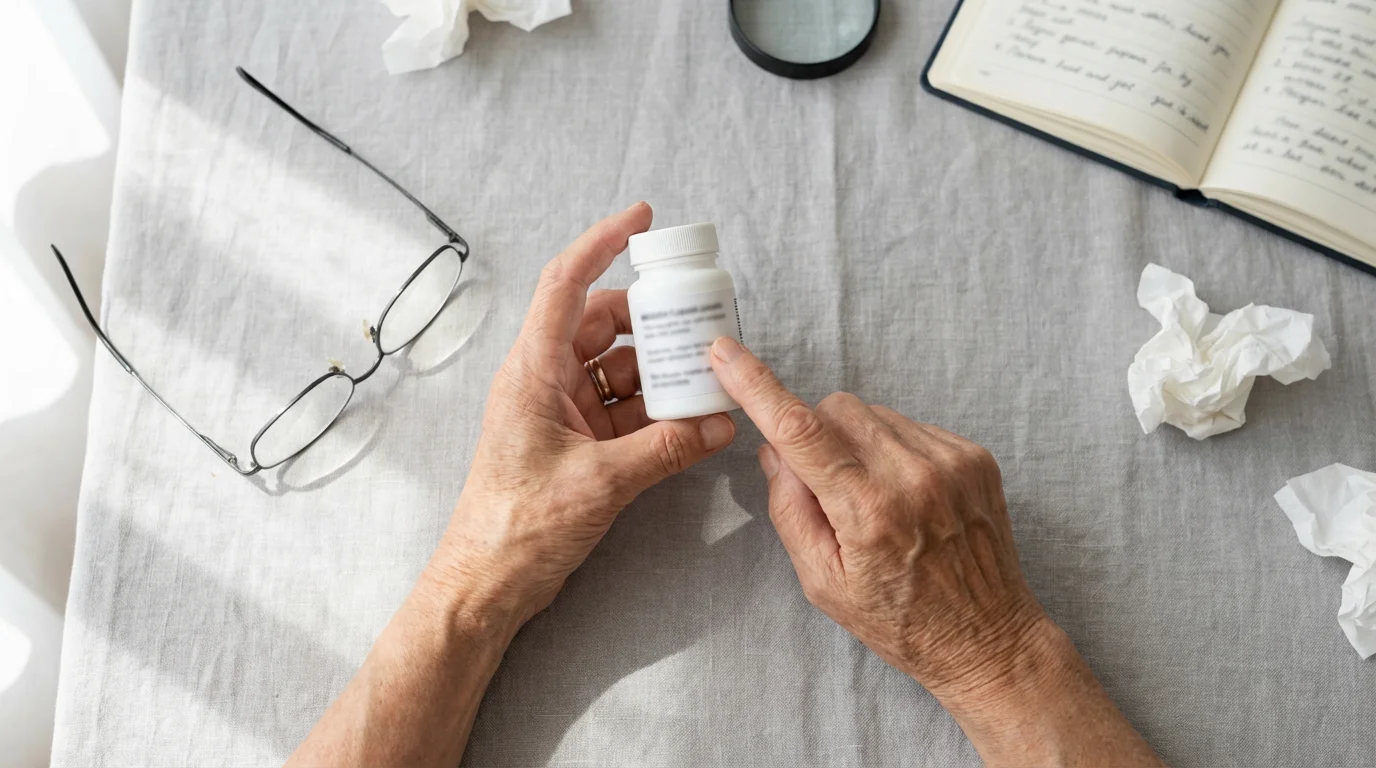 High angle view of hands holding a medicine bottle next to reading glasses.