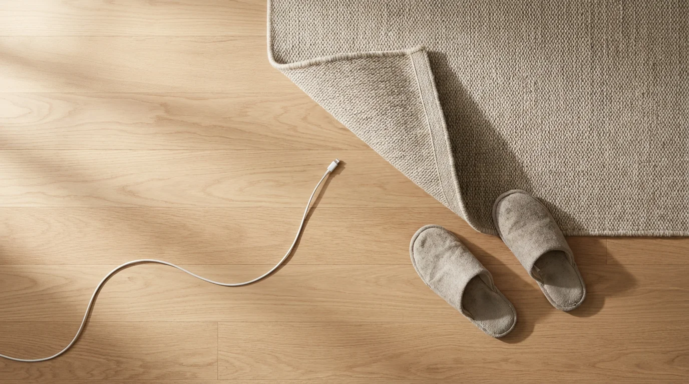 High angle view of home fall hazards: a curled rug, slippers, and electrical cord.