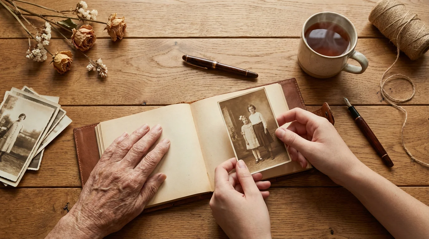 High angle view of older and younger hands placing photos in a scrapbook.