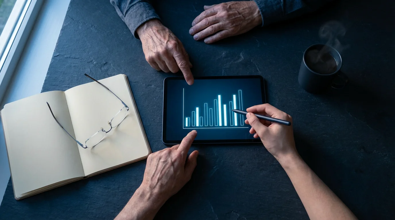 High angle view of older and younger hands collaborating over a financial chart on a tablet.
