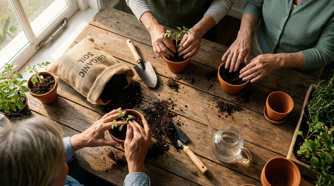 High angle view of seniors' hands potting plants together at a community workshop table.