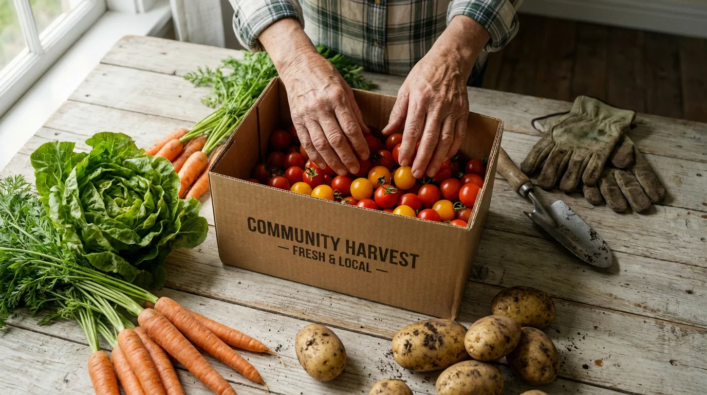 High angle view of senior's hands putting fresh garden vegetables into a donation box.