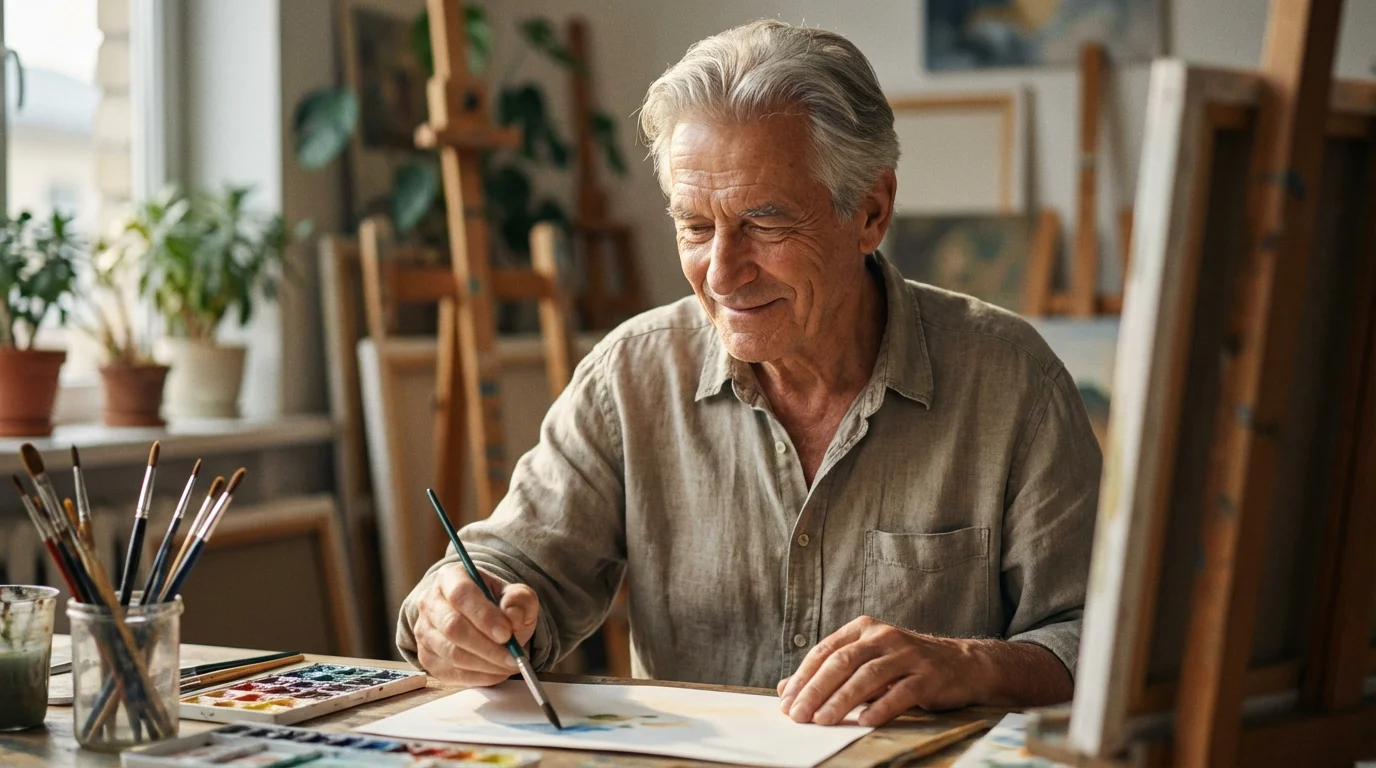 Joyful senior man with silver hair painting with watercolors in his bright art studio.
