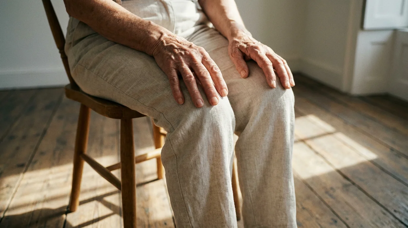 Low angle close-up of a senior's weathered hands resting peacefully in their lap.
