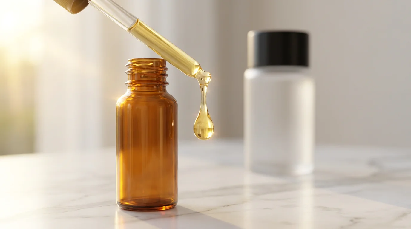 Low angle macro shot of a golden serum drop falling from a glass dropper.