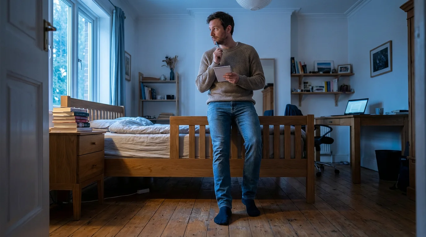 Low angle photo of a man thoughtfully observing his bedroom at twilight.