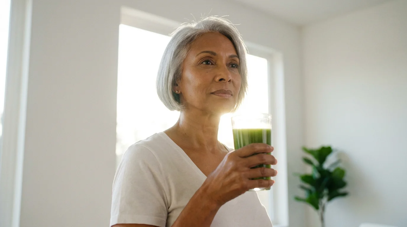 Low angle photo of a mature woman holding a glass of healthy green juice.