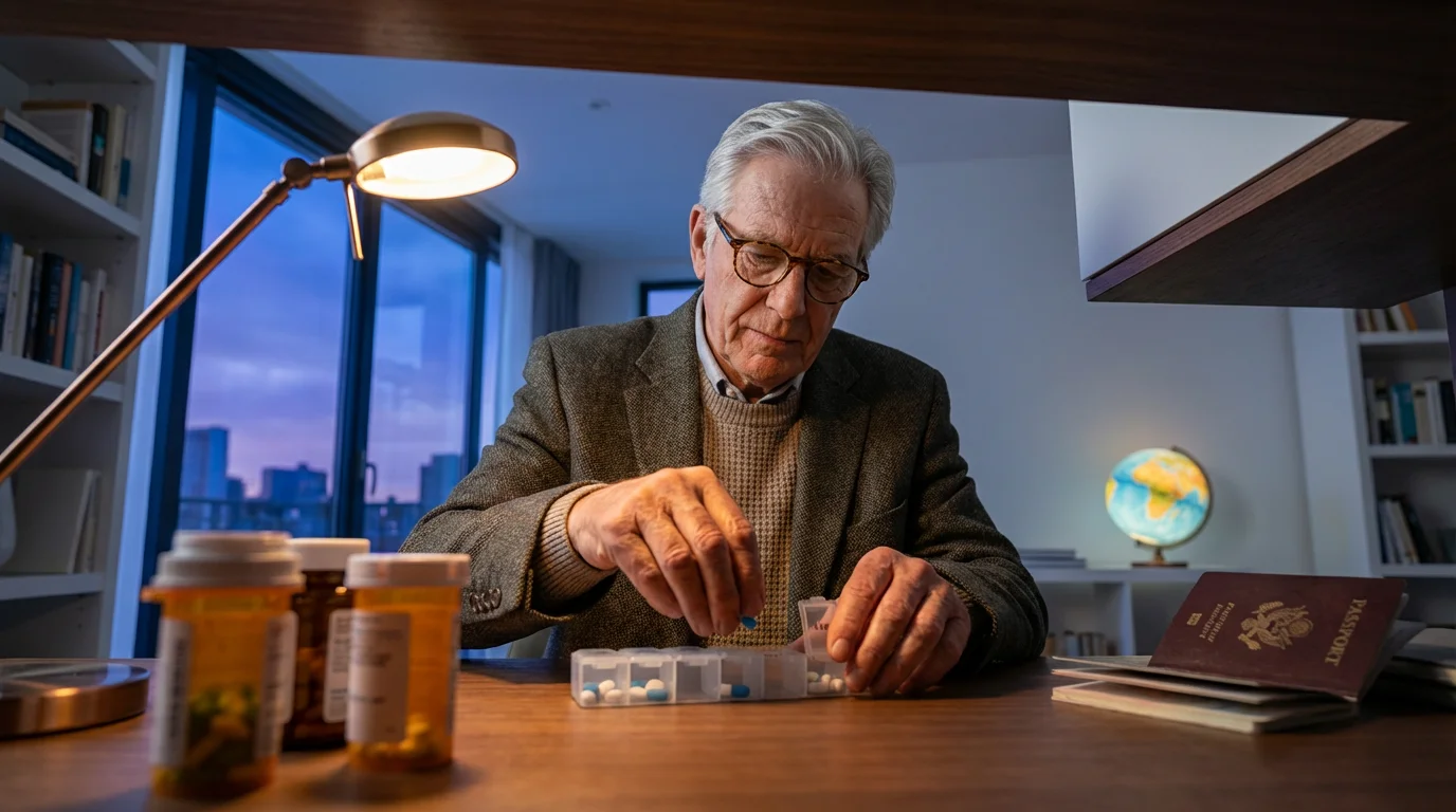 Low angle photo of a senior man preparing travel medications at a desk during twilight.
