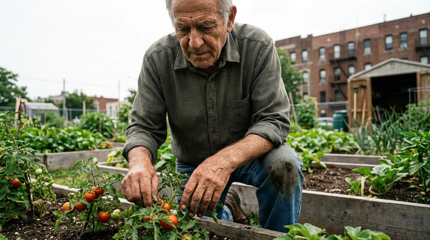 Low angle photo of a senior man thoughtfully tending his urban community garden plot.