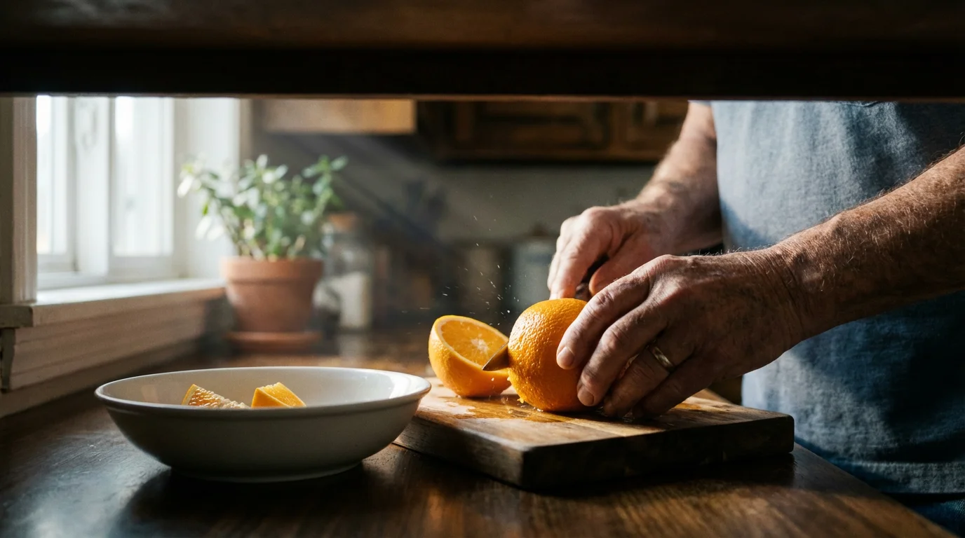 Low angle photo of a senior man's hands carefully slicing a fresh orange.