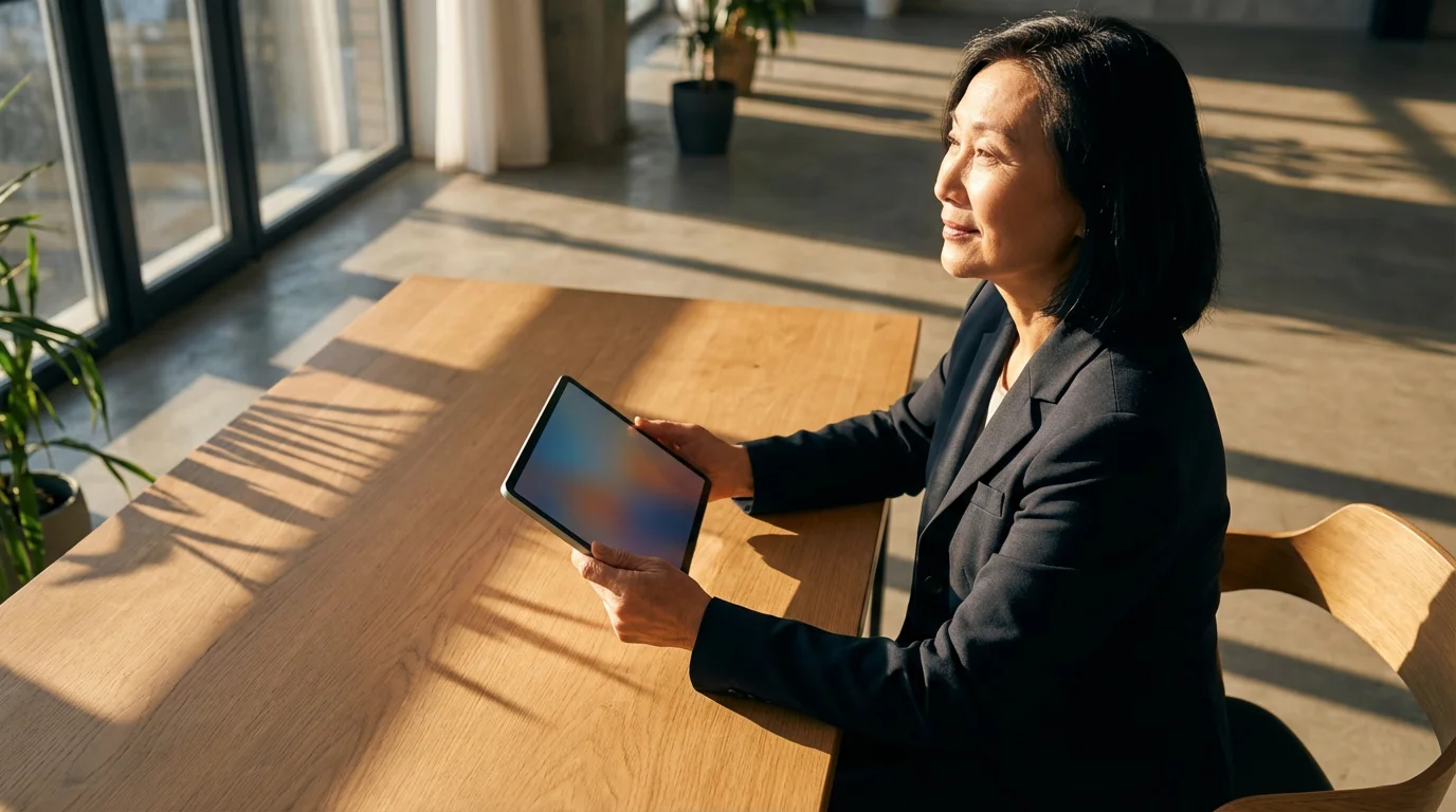 Low angle photo of a senior woman confidently using a digital tablet at home.