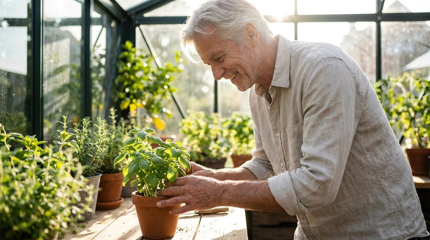 Low angle photo of a vital older man tending to his indoor herb garden.