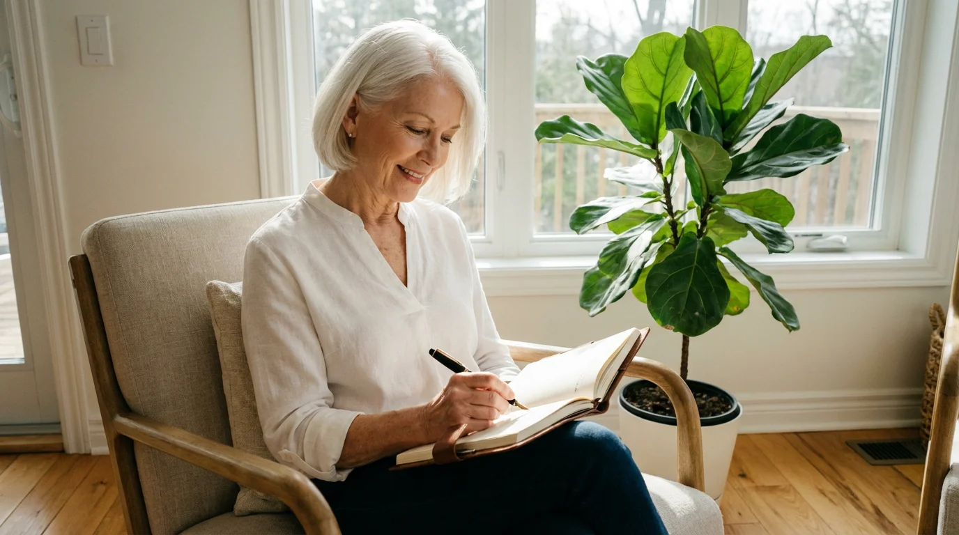 Low angle photo of an older woman in an armchair writing in a journal.