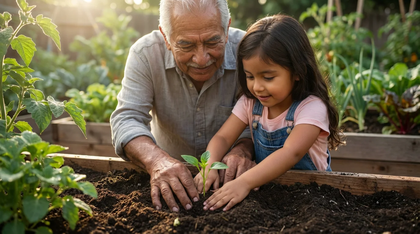 Low angle photograph of an elderly grandfather and young granddaughter planting a seedling together in a sunlit garden.