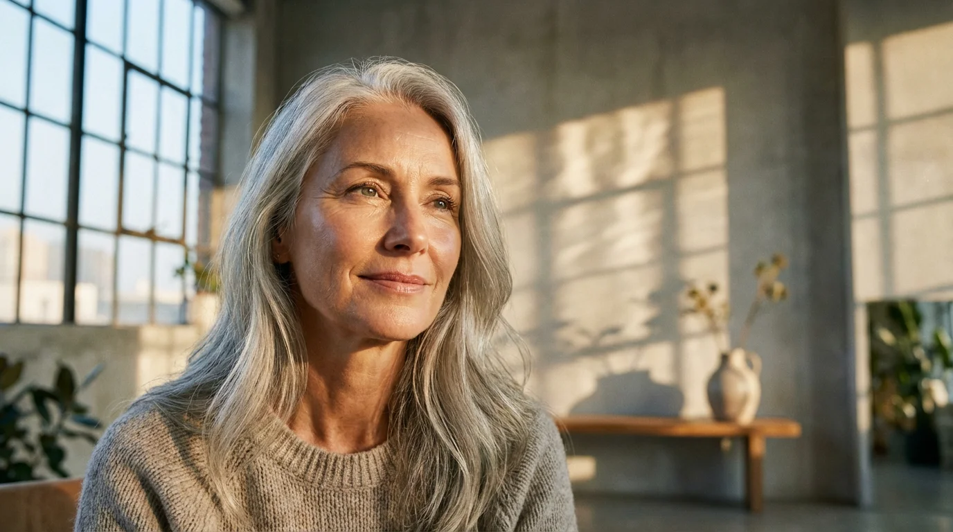 Low angle portrait of a confident mature woman with glowing skin in moody afternoon light.