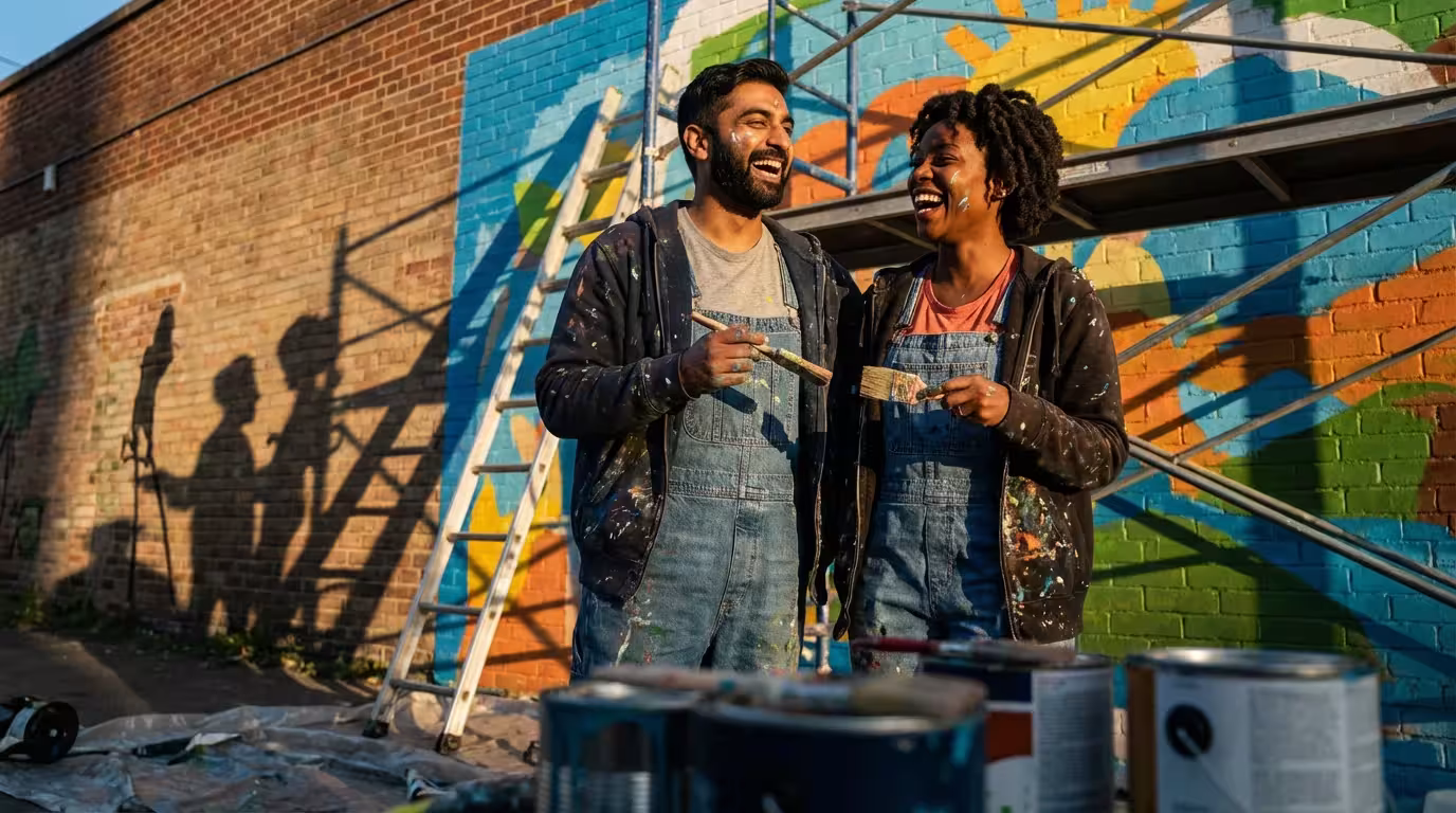 Low angle shot of a couple laughing while volunteering, painting a community mural together.