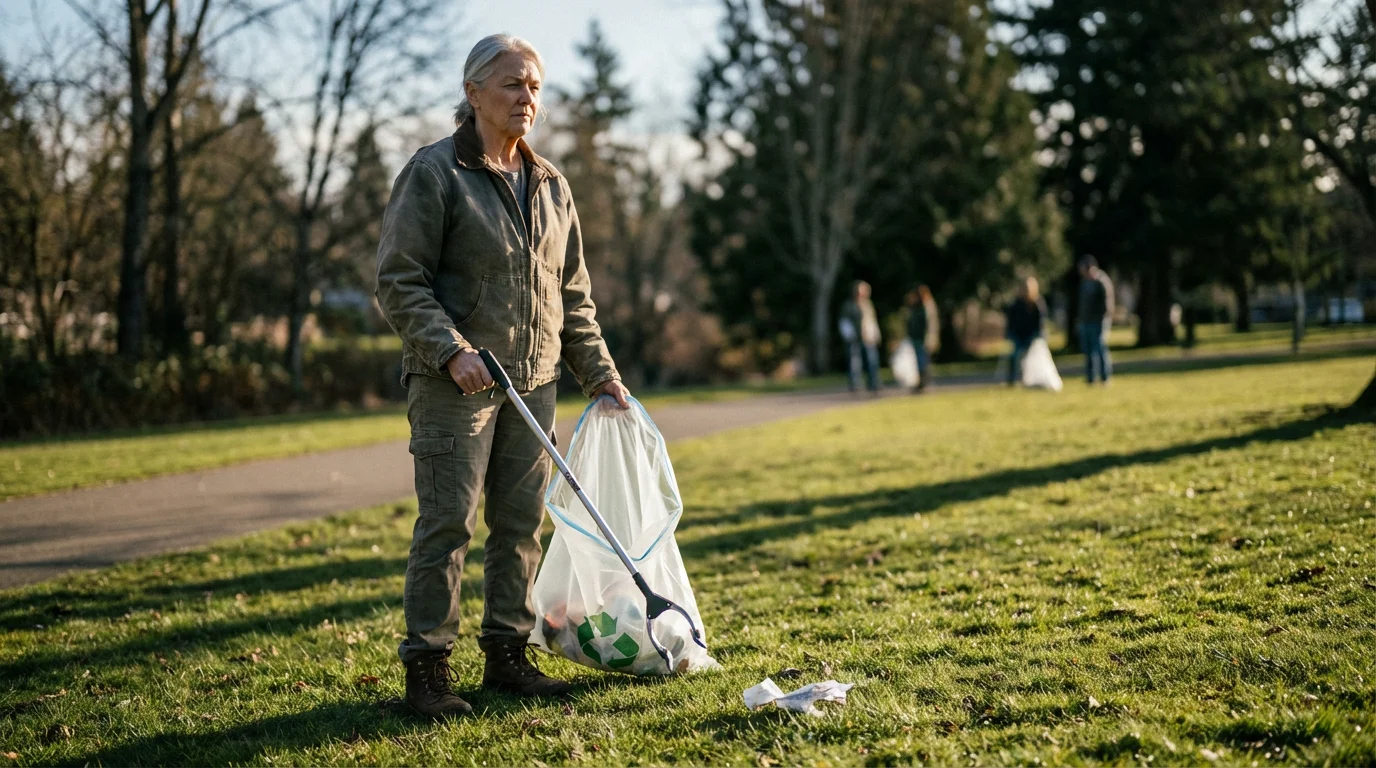 Low angle shot of a determined senior woman volunteering for a park cleanup.
