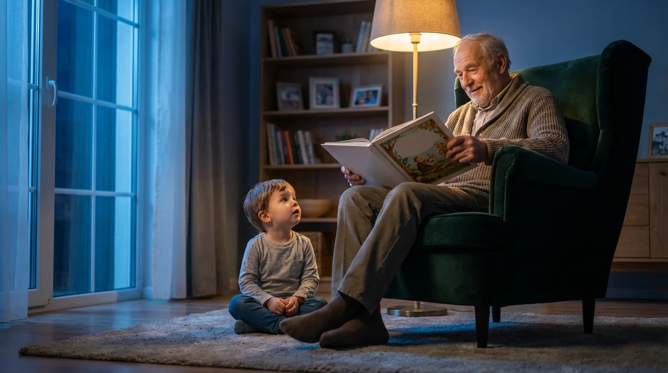 Low angle shot of a grandfather reading a storybook to his grandchild at dusk.
